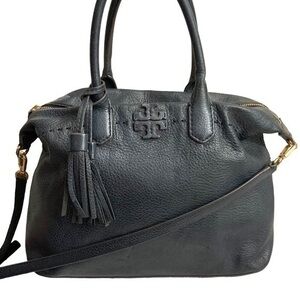 Tory Burch dark navy  blue leather two way tassel bag
